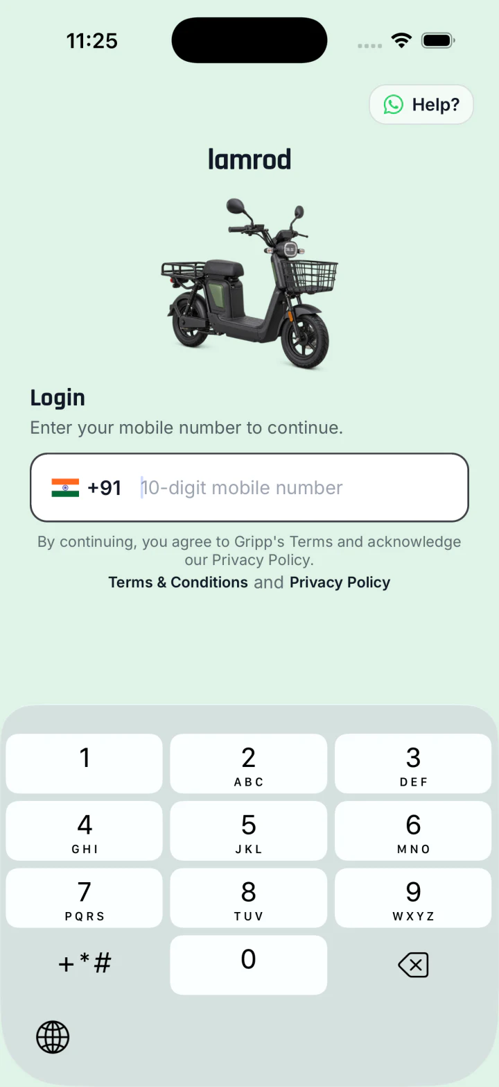 Lamrod EV rider app mobile number login screen