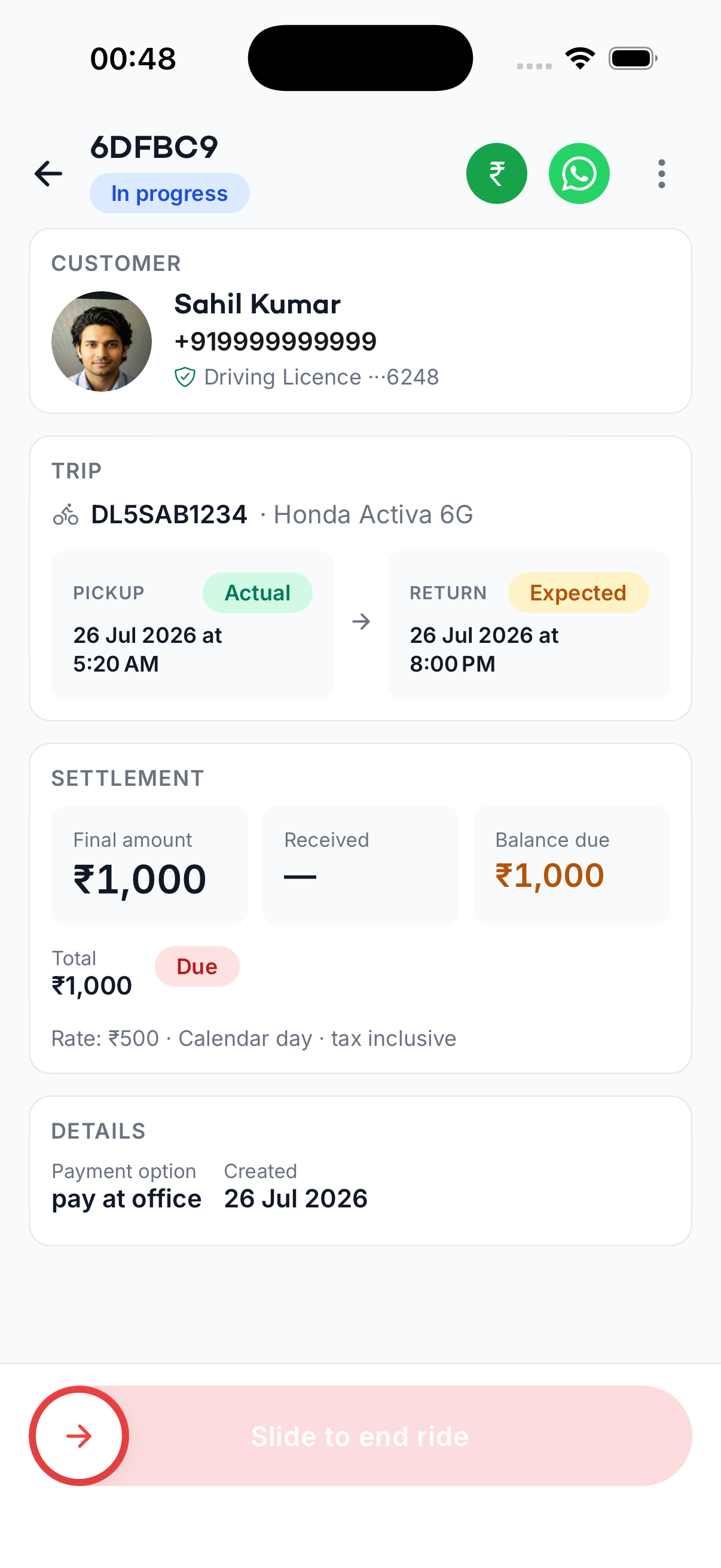 Rental management booking detail screen showing customer, trip, settlement, and return status
