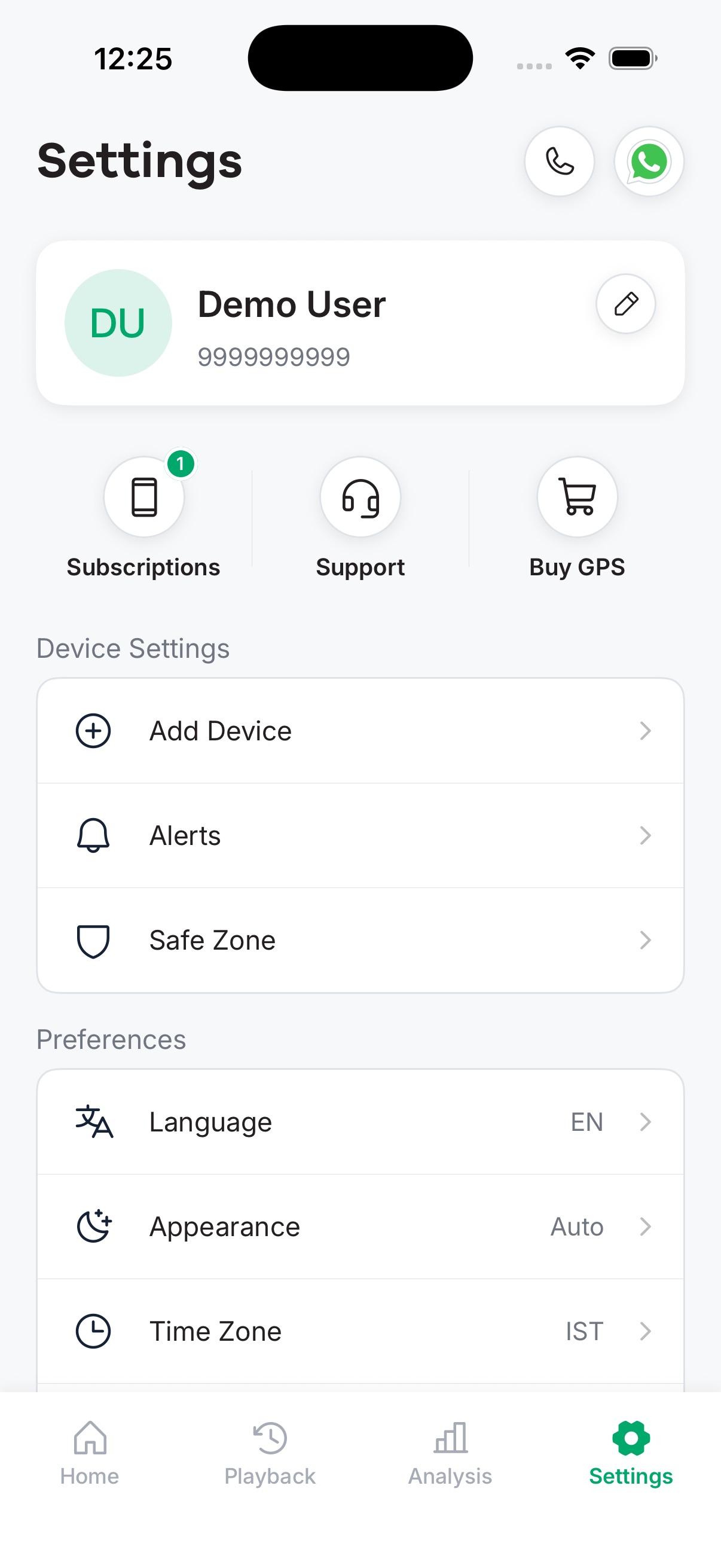 Lamrod GO settings screen showing subscriptions, add device, alerts, and safe zone options
